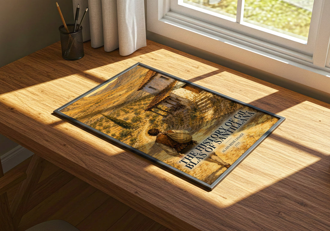 The History Of Gil Blas Of Santillana watercolour book poster framed on wall – satire wall art