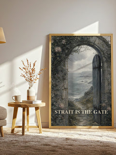 Strait is the Gate watercolour print in frame leaning in hallway – literary fiction wall art
