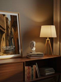 Children of Gebelawi watercolour print on bookshelf – Naguib Mahfouz fan gift