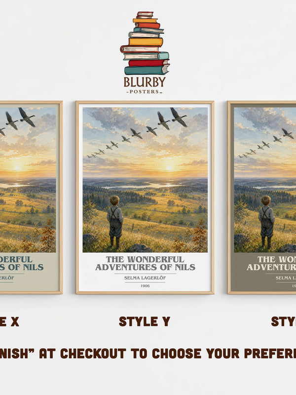 The Wonderful Adventures of Nils book cover print in frame leaning in hallway – childrens wall art