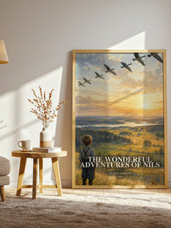 The Wonderful Adventures of Nils watercolour print in frame leaning in hallway – childrens wall art