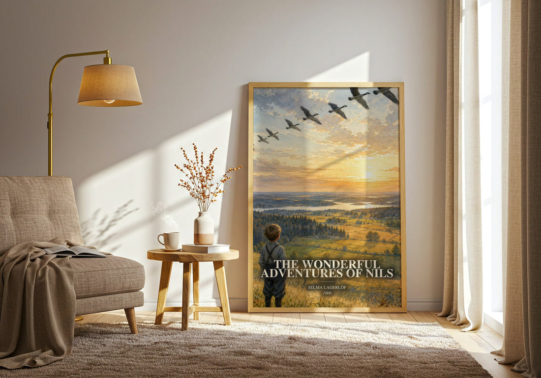 The Wonderful Adventures of Nils watercolour print in frame leaning in hallway – childrens wall art