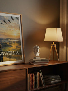 The Wonderful Adventures of Nils watercolour print on bookshelf – Selma Lagerlöf fan gift