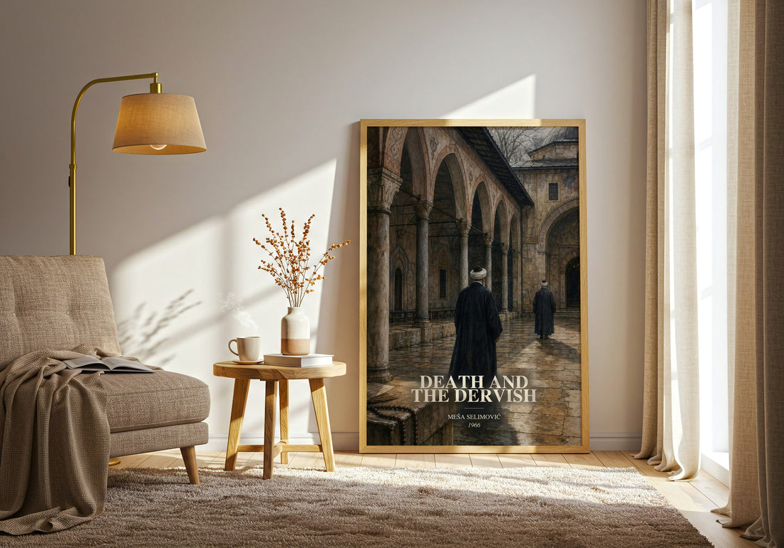 Death and the Dervish watercolour print in frame leaning in hallway – literary fiction wall art
