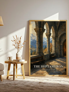 The Heptameron watercolour print in frame leaning in hallway – classic literature wall art