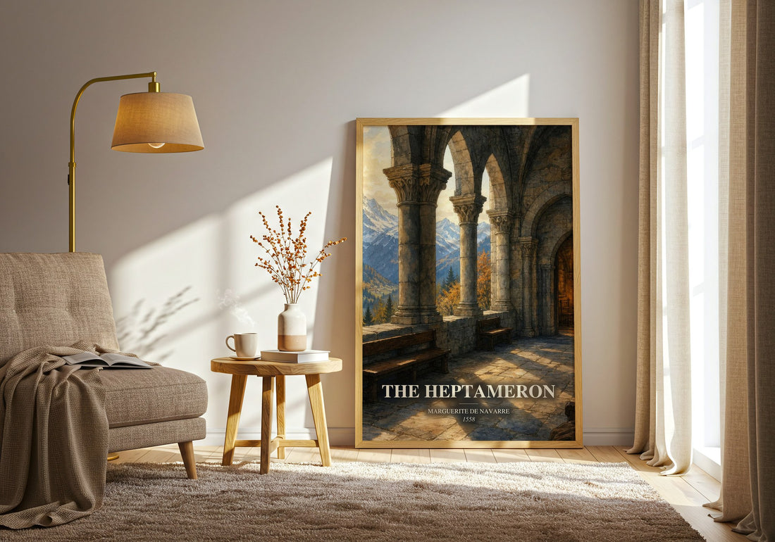 The Heptameron watercolour print in frame leaning in hallway – classic literature wall art