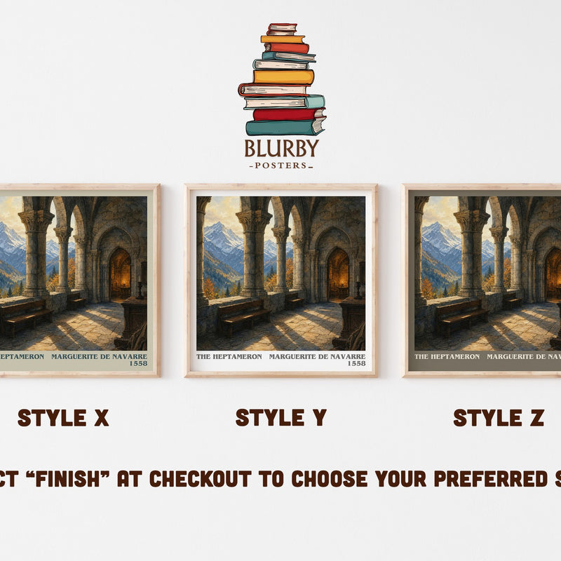 The Heptameron literary print in frame leaning in hallway – classic literature wall art