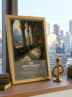 The Heptameron Bookish Wall Art by Marguerite de Navarre – framed print on a city-view windowsill