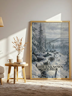 The Unknown Soldier watercolour print in frame leaning in hallway – historical fiction wall art