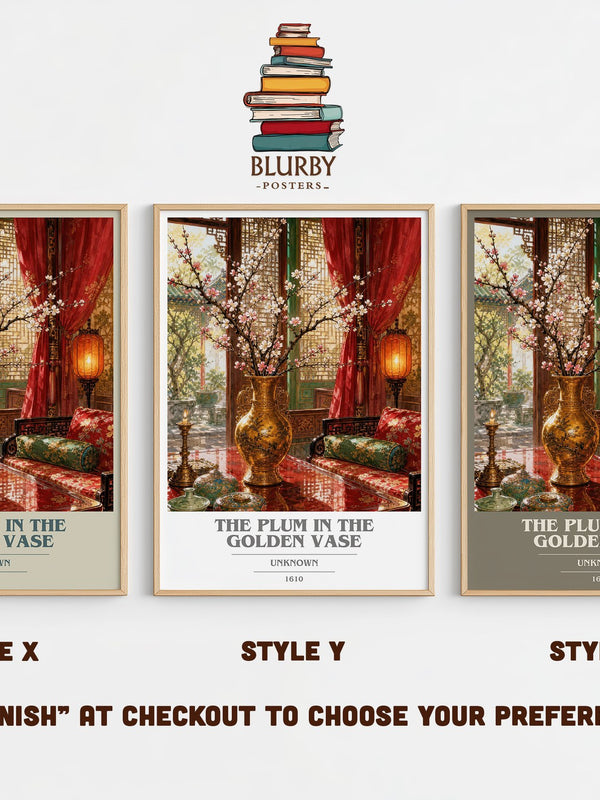 The Plum in the Golden Vase book cover print in frame leaning in hallway – historical fiction wall art