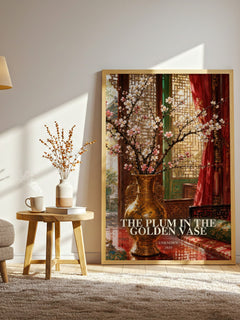 The Plum in the Golden Vase watercolour print in frame leaning in hallway – historical fiction wall art