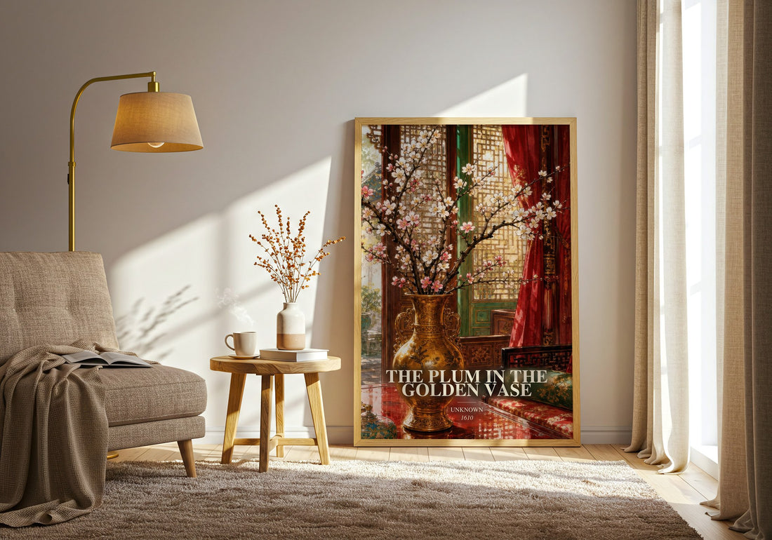 The Plum in the Golden Vase watercolour print in frame leaning in hallway – historical fiction wall art