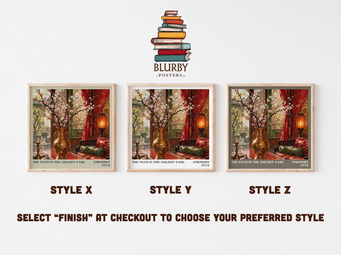 The Plum in the Golden Vase literary print in frame leaning in hallway – historical fiction wall art (mockup)
