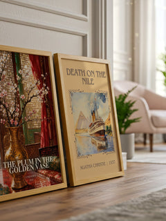 The Plum in the Golden Vase watercolour print framed by window – literary home decor