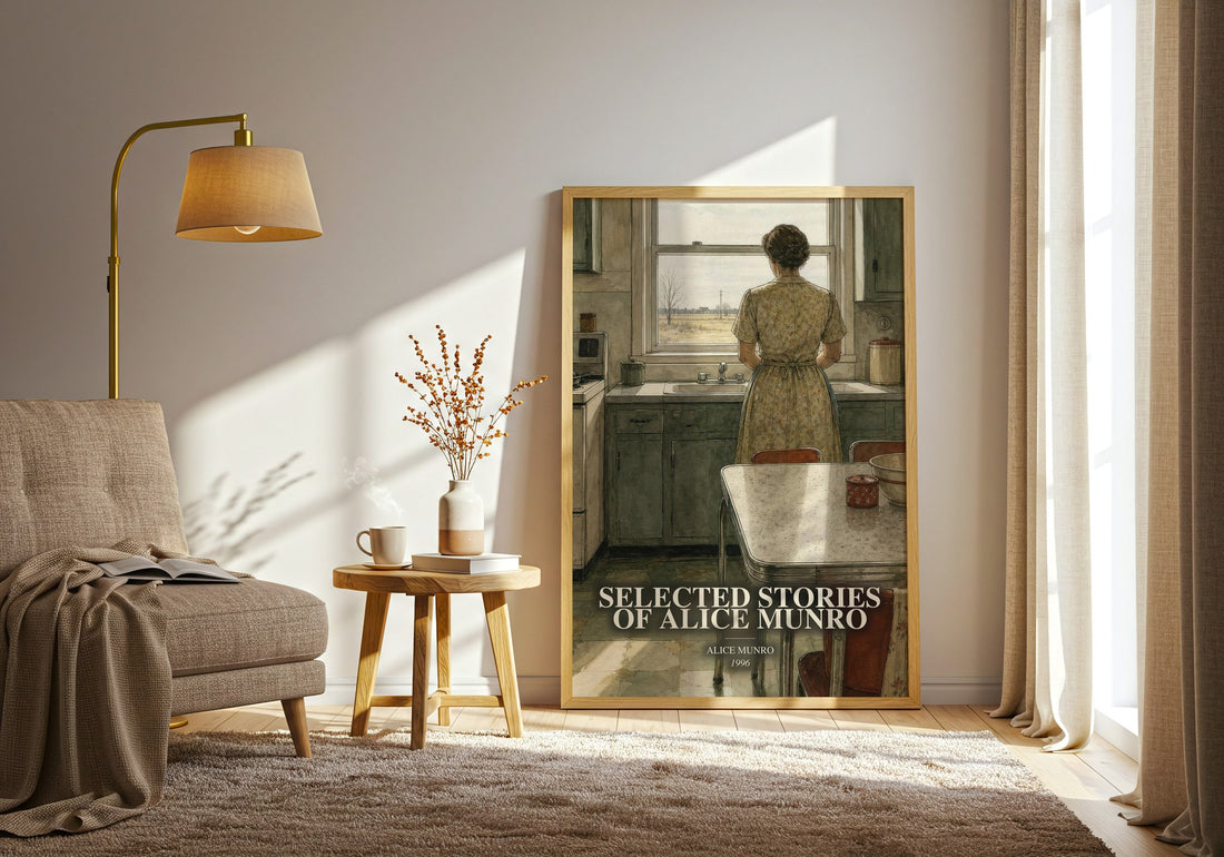 Selected Stories of Alice Munro watercolour print in frame leaning in hallway – literary fiction wall art