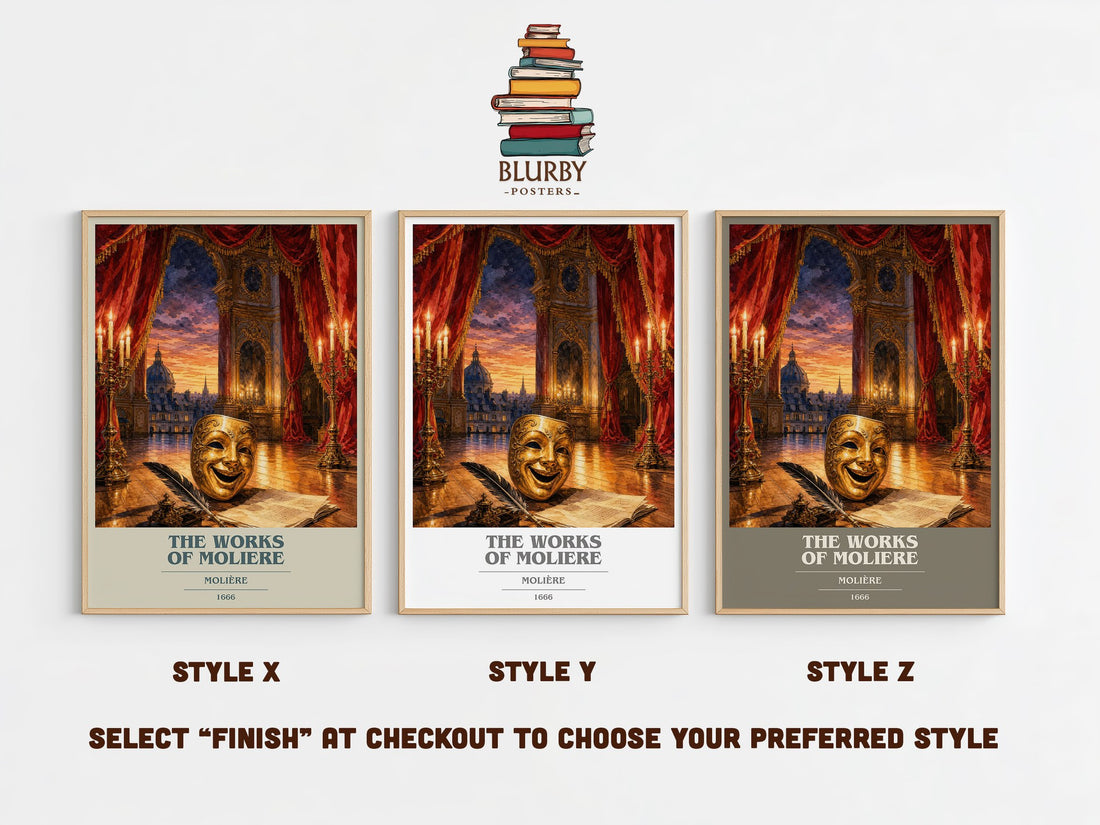 The Works of Moliere book cover print in frame leaning in hallway – classic literature wall art (mockup)