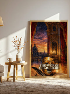 The Works of Moliere watercolour print in frame leaning in hallway – classic literature wall art