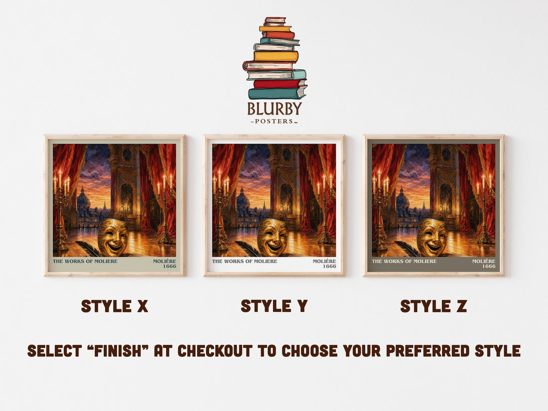 The Works of Moliere literary print in frame leaning in hallway – classic literature wall art (mockup)