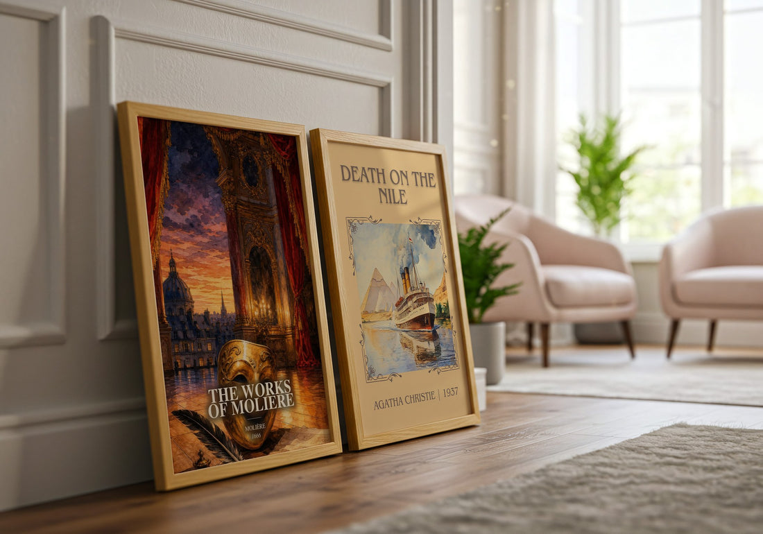 The Works of Moliere watercolour print framed by window – literary home decor