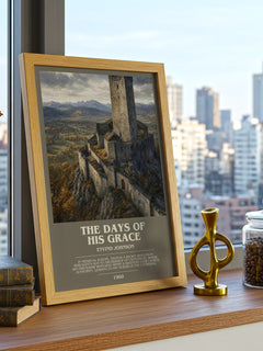 The Days of His Grace Bookish Wall Art by Eyvind Johnson – framed print on a city-view windowsill