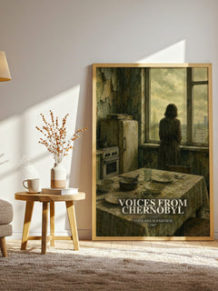 Voices from Chernobyl watercolour print in frame leaning in hallway – non fiction wall art