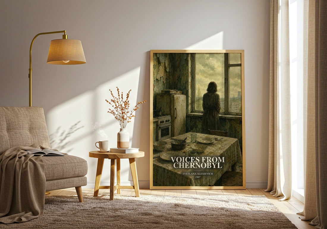Voices from Chernobyl watercolour print in frame leaning in hallway – non fiction wall art