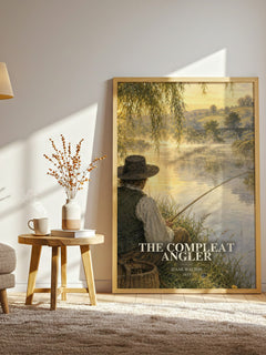 The Compleat Angler watercolour print in frame leaning in hallway – classic literature wall art