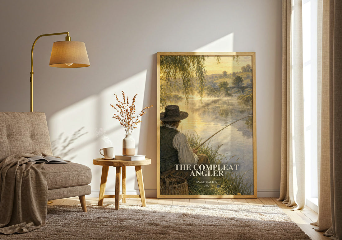 The Compleat Angler watercolour print in frame leaning in hallway – classic literature wall art