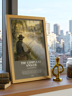 The Compleat Angler Bookish Wall Art by Izaak Walton – framed print on a city-view windowsill