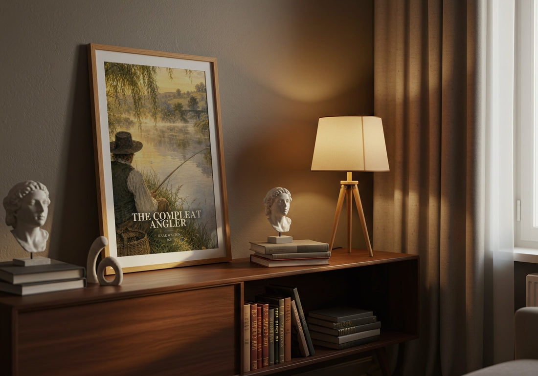 The Compleat Angler watercolour print on bookshelf – Izaak Walton fan gift