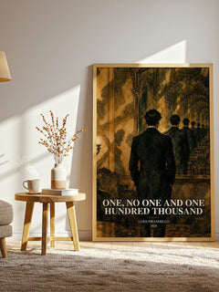 One, No One and One Hundred Thousand watercolour print in frame leaning in hallway – literary fiction wall art
