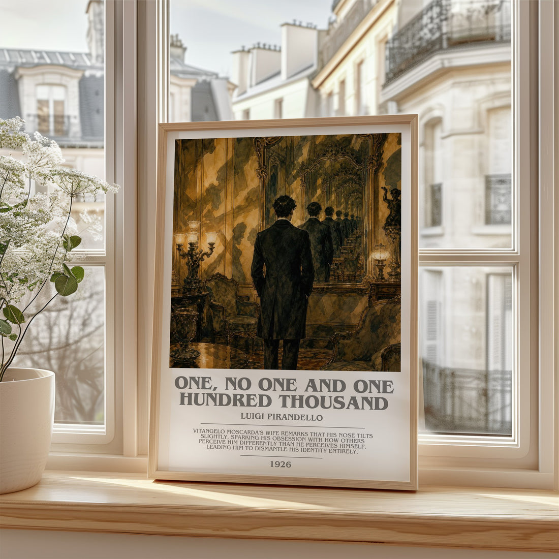 One, No One and One Hundred Thousand Bookish Wall Art by L. Pirandello – framed print by a bright window