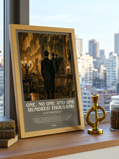 One, No One and One Hundred Thousand Bookish Wall Art by L. Pirandello – framed print on a city-view windowsill
