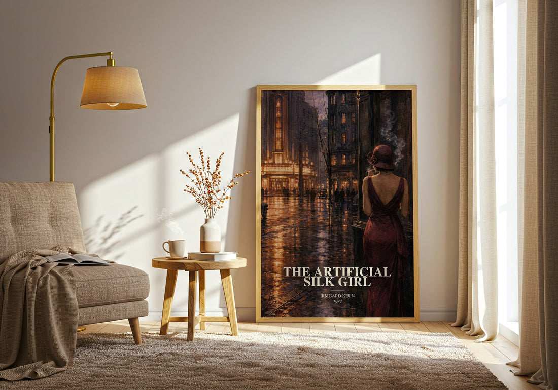 The Artificial Silk Girl watercolour print in frame leaning in hallway – literary fiction wall art