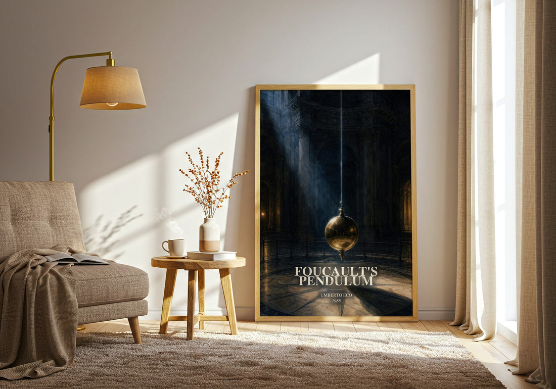 Foucault's Pendulum watercolour print in frame leaning in hallway – literary fiction wall art