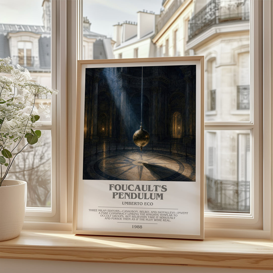 Foucault's Pendulum Bookish Wall Art by Umberto Eco – framed print by a bright window