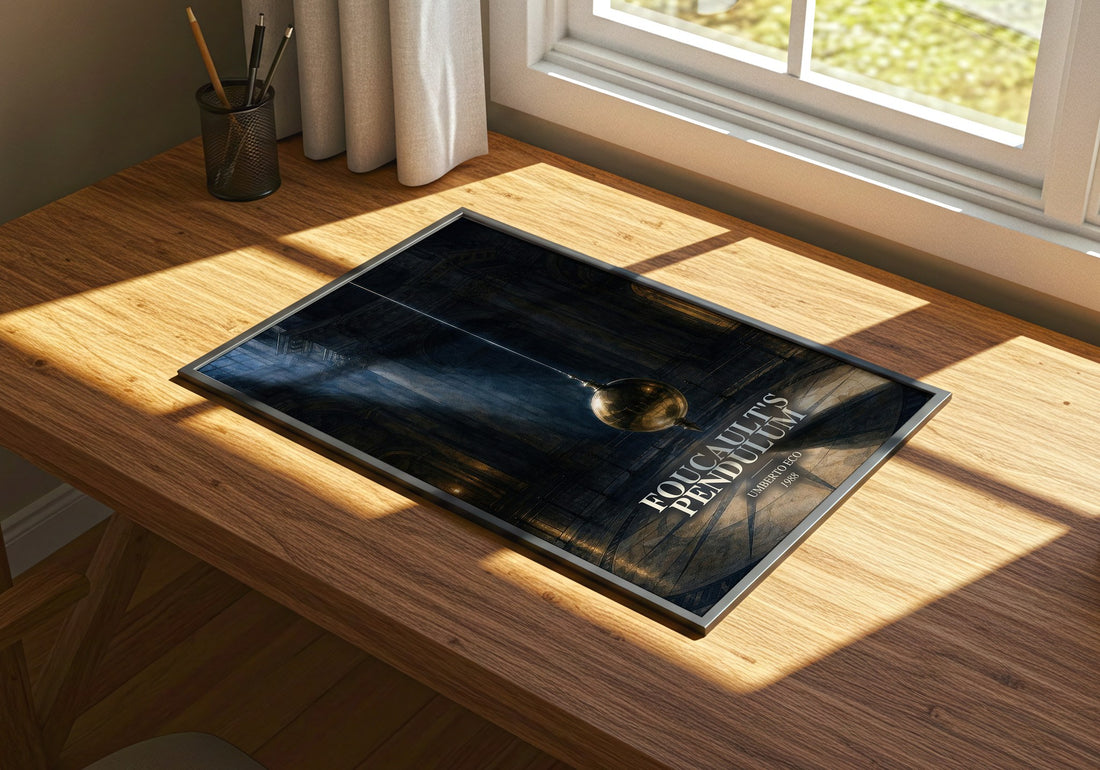 Foucault's Pendulum watercolour book poster framed on wall – literary fiction wall art