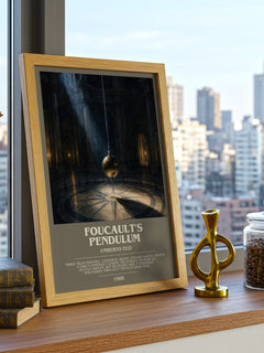 Foucault's Pendulum Bookish Wall Art by Umberto Eco – framed print on a city-view windowsill