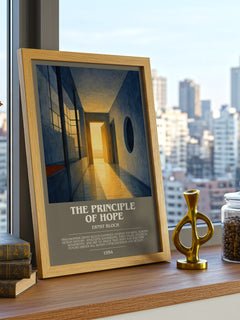 The Principle Of Hope Bookish Wall Art by Ernst Bloch – framed print on a city-view windowsill