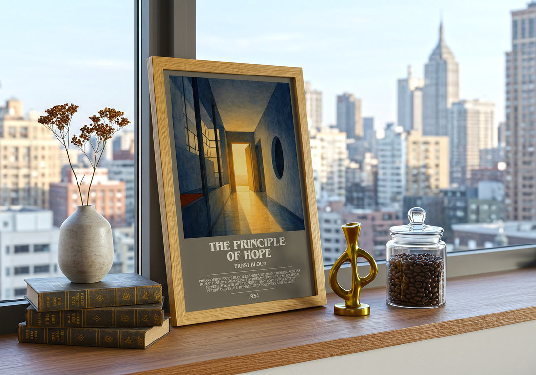 The Principle Of Hope Bookish Wall Art by Ernst Bloch – framed print on a city-view windowsill