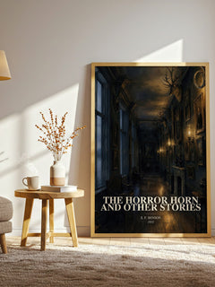 The Horror Horn And Other Stories watercolour print in frame leaning in hallway – horror wall art