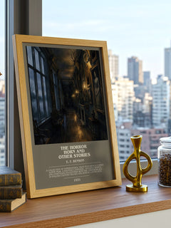 The Horror Horn And Other Stories Bookish Wall Art by E. F. Benson – framed print on a city-view windowsill