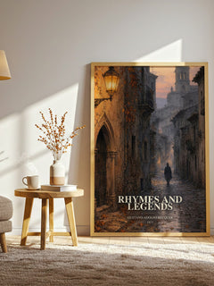 Rhymes And Legends watercolour print in frame leaning in hallway – poetry wall art