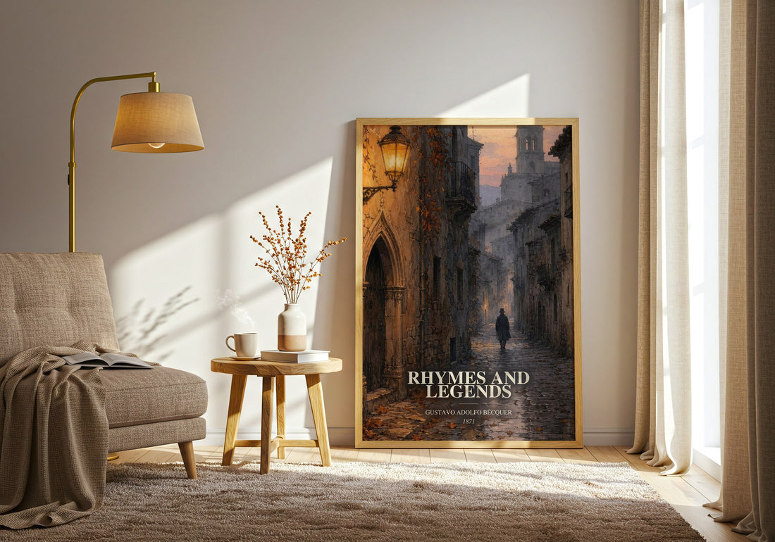 Rhymes And Legends watercolour print in frame leaning in hallway – poetry wall art
