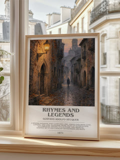 Rhymes And Legends Bookish Wall Art by Gustavo Adolfo Bécquer – framed print by a bright window