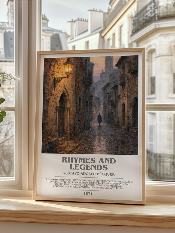 Rhymes And Legends Bookish Wall Art by Gustavo Adolfo Bécquer – framed print by a bright window