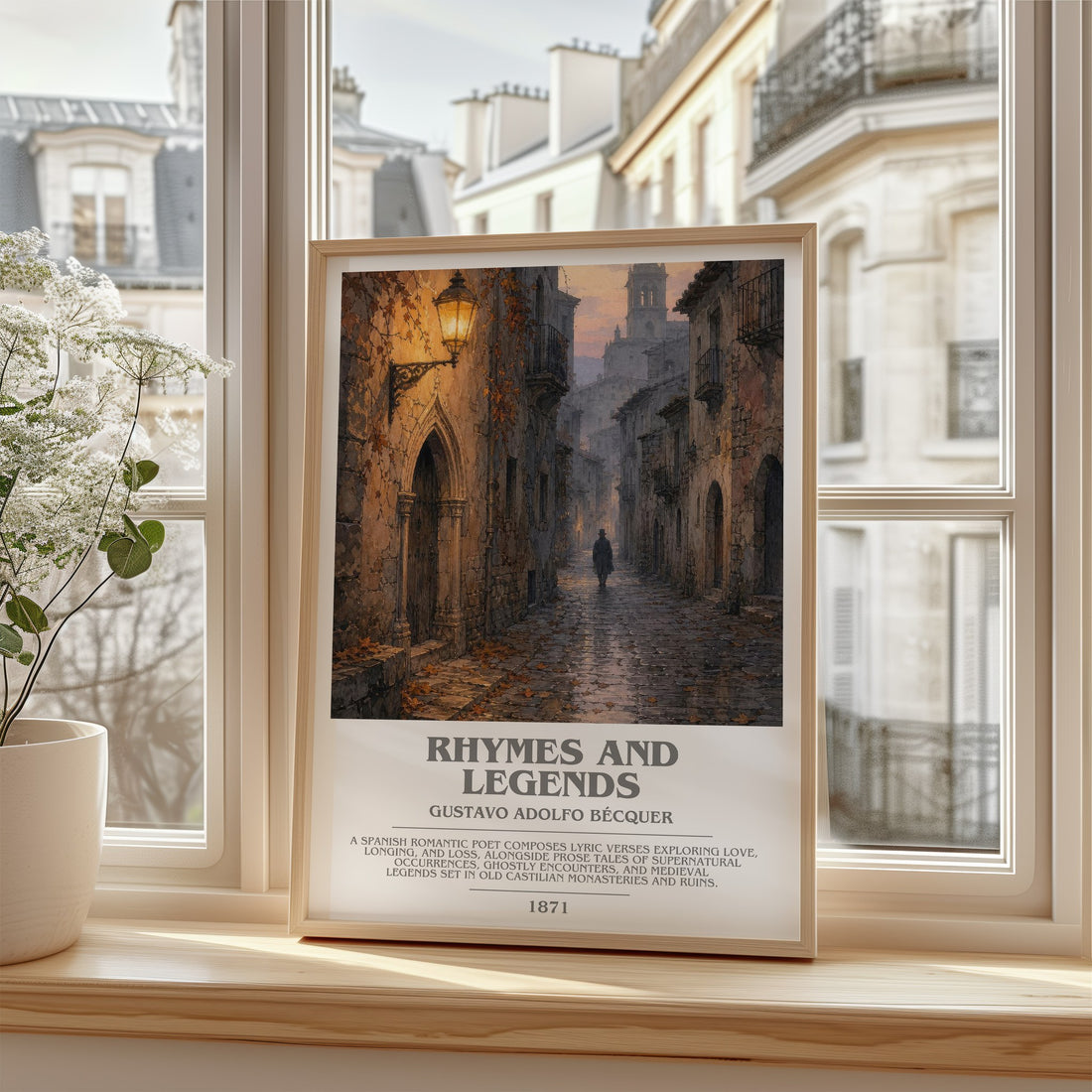 Rhymes And Legends Bookish Wall Art by Gustavo Adolfo Bécquer – framed print by a bright window