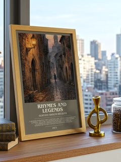 Rhymes And Legends Bookish Wall Art by Gustavo Adolfo Bécquer – framed print on a city-view windowsill