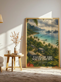 Tales of the South Pacific watercolour print in frame leaning in hallway – historical fiction wall art