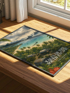 Tales of the South Pacific watercolour book poster framed on wall – historical fiction wall art